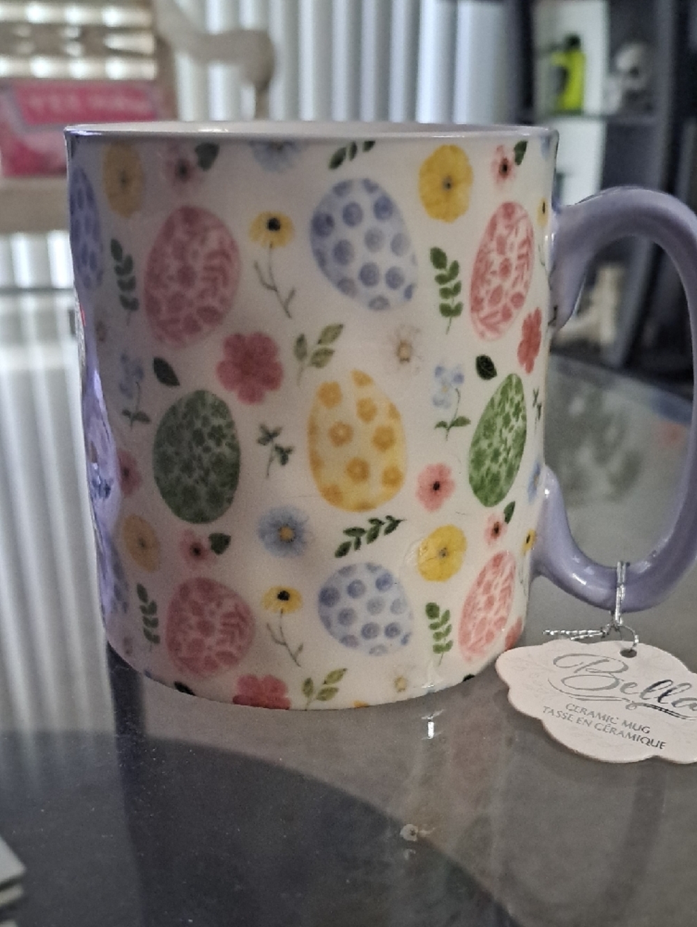 Floral Easter Egg Ceramic Mug W/ Lavender Handle